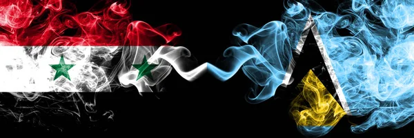 Syria vs Saint Lucia smoke flags placed side by side. Thick colored silky smoke flags of Syrian and Saint Lucia — Stock Photo, Image