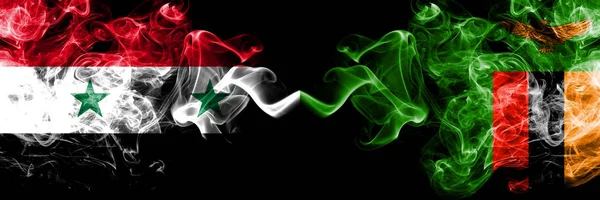 Syria vs Zambia, Zambian smoke flags placed side by side. Thick colored silky smoke flags of Syrian and Zambia, Zambian — Stock Photo, Image