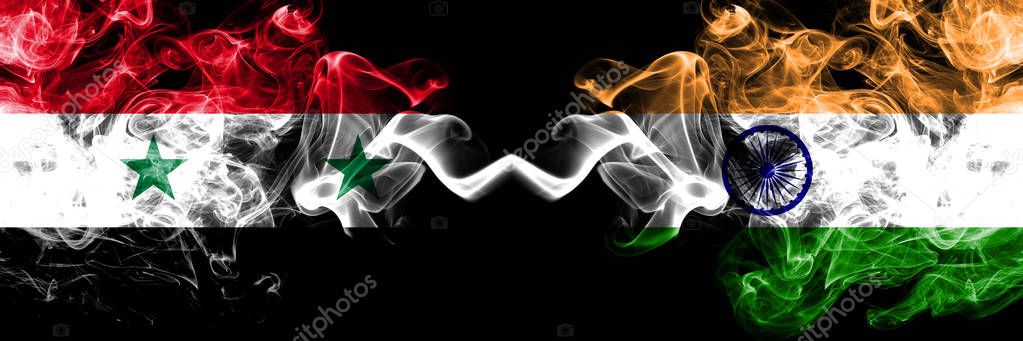Syria vs India, Indian smoke flags placed side by side. Thick colored silky smoke flags of Syrian and India, Indian