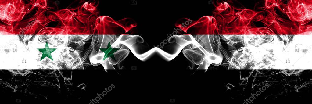 Syria vs Yemen, Yemeni smoke flags placed side by side. Thick colored silky smoke flags of Syrian and Yemen, Yemeni
