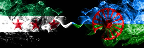 Syrian Arab Republic vs Gipsy, Roman smoke flags placed side by side. Thick colored silky smoke flags of Syria opposition and Gipsy, Roman — Stock Photo, Image