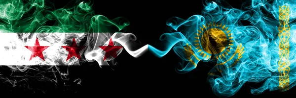 Syrian Arab Republic vs Kazakhstan, Kazakhstani smoke flags placed side by side. Thick colored silky smoke flags of Syria opposition and Kazakhstan, Kazakhstani — Stock Photo, Image