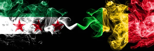 Syrian Arab Republic vs Mali smoke flags placed side by side. Thick colored silky smoke flags of Syria opposition and Mali — 스톡 사진