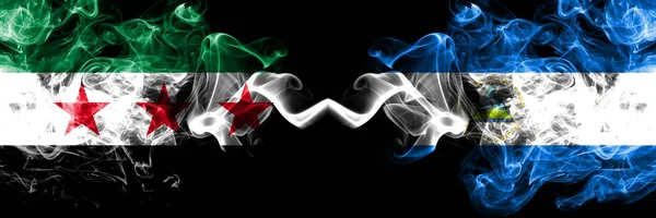 Syrian Arab Republic vs Nicaragua, Nicaraguan smoke flags placed side by side. Thick colored silky smoke flags of Syria opposition and Nicaragua, Nicaraguan — Stock Photo, Image