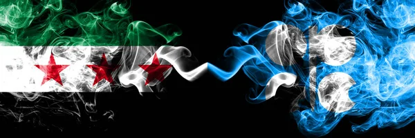 Syrian Arab Republic vs OPEC smoke flags placed side by side. Thick colored silky smoke flags of Syria opposition and OPEC — Stock Photo, Image