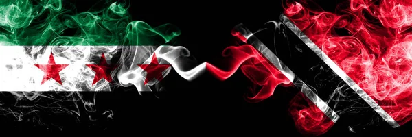 Syrian Arab Republic vs Trinidad and Tobago smoke flags placed side by side. Thick colored silky smoke flags of Syria opposition and Trinidad and Tobago — Stock Photo, Image