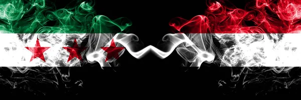 Syrian Arab Republic vs Yemen, Yemeni smoke flags placed side by side. Thick colored silky smoke flags of Syria opposition and Yemen, Yemeni — ストック写真