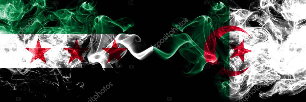 Syrian Arab Republic vs Algeria, Algerian smoke flags placed side by side. Thick colored silky smoke flags of Syria opposition and Algeria, Algerian