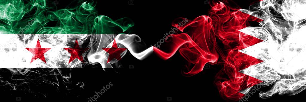 Syrian Arab Republic vs Bahrain, Bahrani smoke flags placed side by side. Thick colored silky smoke flags of Syria opposition and Bahrain, Bahrani