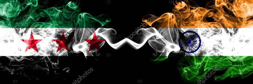 Syrian Arab Republic vs India, Indian smoke flags placed side by side. Thick colored silky smoke flags of Syria opposition and India, Indian