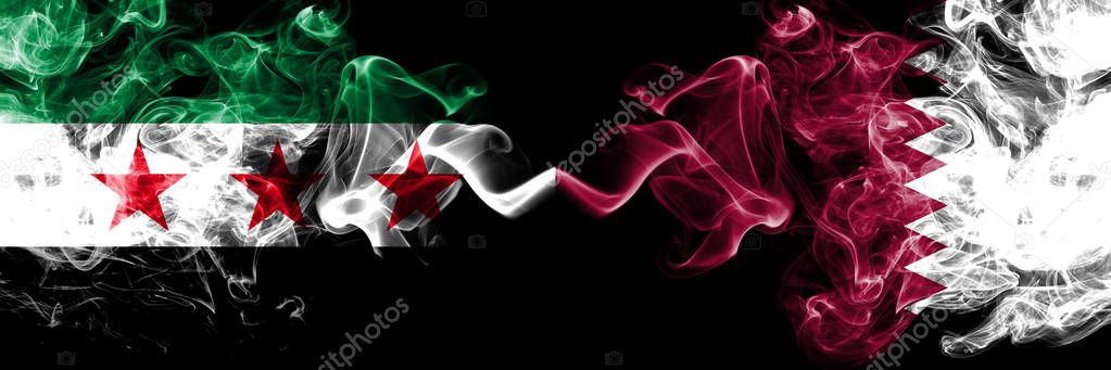 Syrian Arab Republic vs Qatar, Qatari smoke flags placed side by side. Thick colored silky smoke flags of Syria opposition and Qatar, Qatari