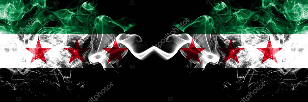 Syrian Arab Republic vs Syria, Syrian Arab Republic, opposition smoke flags placed side by side. Thick colored silky smoke flags of Syria opposition and Syria, Syrian Arab Republic, opposition