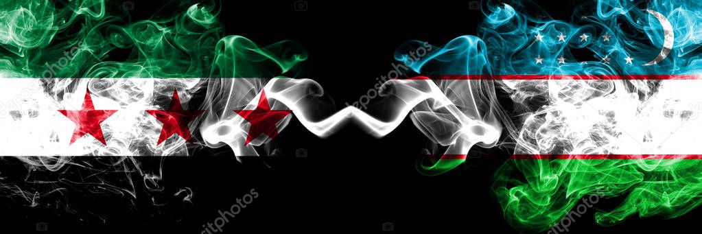 Syrian Arab Republic vs Uzbekistan, Uzbek smoke flags placed side by side. Thick colored silky smoke flags of Syria opposition and Uzbekistan, Uzbek