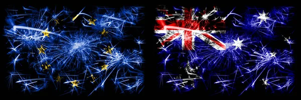 Eu, Europäische Union vs Australien, Australische Neujahrsfeier funkelnden Feuerwerk Flaggen Konzept Hintergrund. Kombination aus zwei Staatsflaggen. — Stockfoto