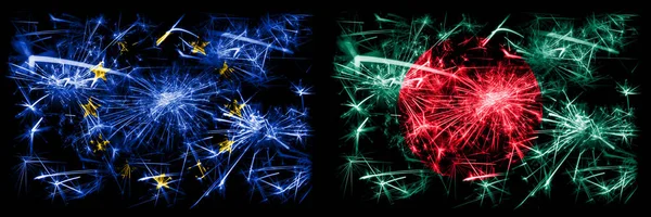 Eu, Европейский союз против Бангладеш, Бангладеш Новый год праздник сверкающие фейерверки флаги концепция фона. Сочетание флагов двух штатов . — стоковое фото