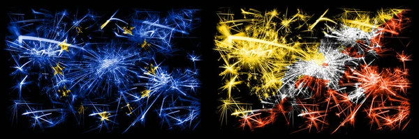 Eu, European union vs Bhutan, Bhutanese new year celebration sparkling fireworks flags concept background. Combination of two states flags. — Stock Photo, Image