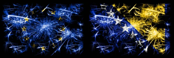 Eu, Evropská unie vs Bosna a Hercegovina, Bosenský Nový rok oslavy jiskřivé zábavní pyrotechniky koncepce pozadí. Kombinace vlajek dvou států. — Stock fotografie
