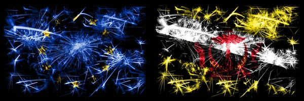 Eu, Union européenne vs Brunei, Bruneian new year celebration sparkling fireworks flags concept background. Combinaison de deux drapeaux d'états . — Photo