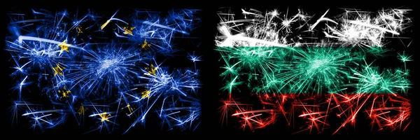 Eu, Европейский союз против Болгарии, Болгария Новый год праздник сверкающие фейерверки флаги концептуальный фон. Сочетание флагов двух штатов . — стоковое фото