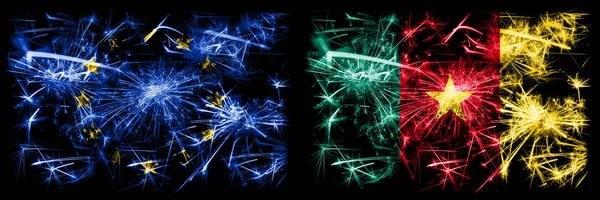 Eu, European union vs Cameroon, Cameroonian new year celebration sparkling fireworks flags concept background. Combination of two states flags. — Stock Photo, Image