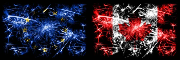 Eu, Европейский союз против Канады, канадский новогодний праздник сверкающий фейерверк флаги концептуальный фон. Сочетание флагов двух штатов . — стоковое фото