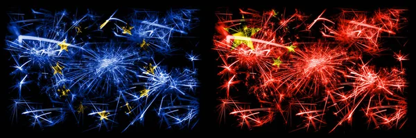 Eu, Evropská unie vs Čína, čínské novoroční oslavy jiskřící zábavní pyrotechnika vlajky koncept pozadí. Kombinace vlajek dvou států. — Stock fotografie