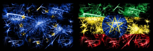 Eu, Unia Europejska vs Etiopia, Etiopski Nowy Rok świętować musujące fajerwerki flagi tle koncepcji. Połączenie dwóch bander państw. — Zdjęcie stockowe