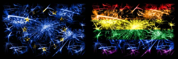 Eu, European Union vs Gay pride new year celebration sparkling fireworks flags concept background. Сочетание флагов двух штатов . — стоковое фото