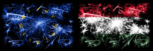 Eu, Ευρωπαϊκή Ένωση εναντίον Ουγγαρίας, ουγγρική Πρωτοχρονιά γιορτή αφρώδη πυροτεχνήματα σημαιών έννοια φόντο. Συνδυασμός δύο σημαιών κρατών. — Φωτογραφία Αρχείου