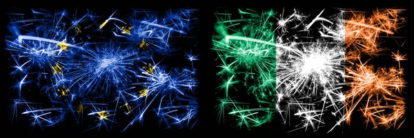 EU 、欧州連合対アイルランド、アイルランドの新年のお祝い輝く花火の旗の概念の背景。2つの州旗の組み合わせ. — ストック写真