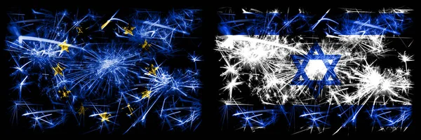 Eu, Union européenne vs Israël, célébration du nouvel an israélien feux d'artifice scintillants fond concept de drapeaux. Combinaison de deux drapeaux d'états . — Photo