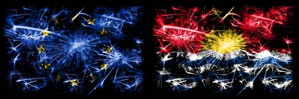 Eu, European Union vs Kiribati new year celebration sparkling fireworks flags concept background. Сочетание флагов двух штатов . — стоковое фото