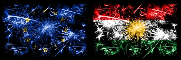 Eu, Europäische Union vs Kurdistan, kurdische Neujahrsfeier funkelnden Feuerwerk Flaggen Konzept Hintergrund. Kombination aus zwei Staatsflaggen. — Stockfoto