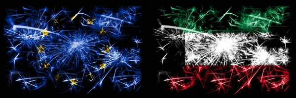 Eu, Unión Europea vs Kuwait, celebración del año nuevo kuwaití brillante banderas de fuegos artificiales concepto de fondo. Combinación de dos banderas de estados . —  Fotos de Stock