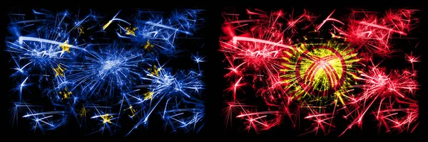 Eu, Evropská unie vs Kyrgyzstán Nový rok oslavy jiskřící zábavní pyrotechnika vlajky koncepce pozadí. Kombinace vlajek dvou států. — Stock fotografie