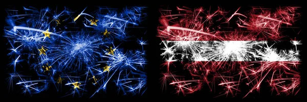 EU 、欧州連合対ラトビア、ラトビアの新年のお祝い輝く花火の旗の概念の背景。2つの州旗の組み合わせ. — ストック写真