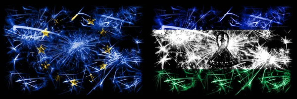 Eu, União Europeia vs Lesoto celebração do ano novo fogos de artifício cintilantes bandeiras fundo conceito. Combinação de dois pavilhões dos Estados . — Fotografia de Stock