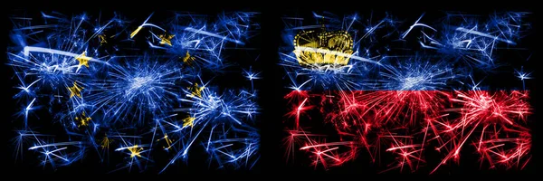 Eu, European union vs Liechtenstein, Liechtensteins new year celebration sparkling fireworks flags concept background. Combination of two states flags. — Stock Photo, Image