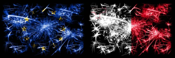 欧元，欧盟对马耳他，马耳他新年庆祝闪耀烟花的概念背景。 两个州旗的合并. — 图库照片
