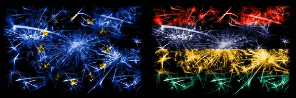 Eu, European union vs Mauritius, Mauritian new year celebration sparkling fireworks flags concept background. Combination of two states flags. — Stock Photo, Image