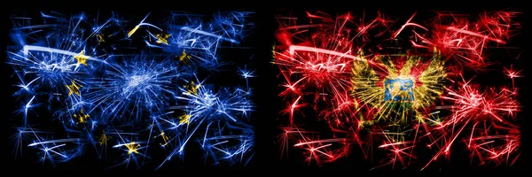 Eu, Ευρωπαϊκή Ένωση εναντίον Μαυροβουνίου και Μαυροβουνίου το νέο έτος εορτάζει την ιδέα των λαμπερών πυροτεχνημάτων. Συνδυασμός δύο σημαιών κρατών. — Φωτογραφία Αρχείου