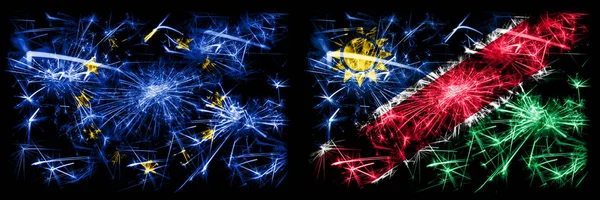 Eu, Unia Europejska vs Namibia, Namibii Nowy Rok świętować musujące fajerwerki flagi tle koncepcji. Połączenie dwóch bander państw. — Zdjęcie stockowe