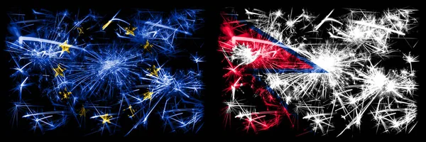 Eu, Unione Europea vs Nepal, nepalese nuovo anno celebrazione scintillanti fuochi d'artificio bandiere concetto di sfondo. Combinazione di due bandiere degli Stati . — Foto Stock