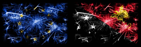 Eu, European union vs Papua New Guinea new year celebration sparkling fireworks flags concept background. Combination of two states flags. — Stock Photo, Image