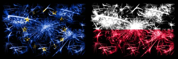 Eu, Union européenne vs Pologne, Pologne nouvelle année célébration feux d'artifice scintillants fond concept de drapeaux. Combinaison de deux drapeaux d'états . — Photo