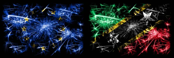 Eu, Evropská unie vs Svatý Kryštof a Nevis Nový rok oslavy jiskřivé ohňostroje vlajky koncept pozadí. Kombinace vlajek dvou států. — Stock fotografie