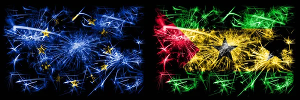 Eu, Unia Europejska vs Sao Tome i Principe Nowy rok świętować musujące fajerwerki flagi tle koncepcji. Połączenie dwóch bander państw. — Zdjęcie stockowe
