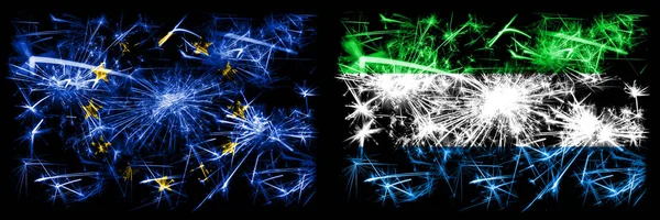 Eu, European Union vs. Sierra Leone New year celebration sparkling fireworks flags concept background. 两个州旗的合并. — 图库照片
