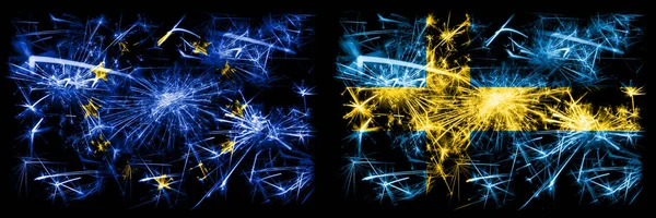 Europa, Europeiska unionen vs Sverige, svenskt nyårsfirande gnistrande fyrverkeriflaggor konceptbakgrund. Kombination av två flaggstater. — Stockfoto