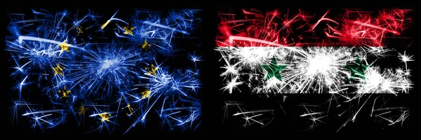 Eu, Европейский союз против Сирии, празднование нового года в Сирии игристые фейерверки флаги концептуальный фон. Сочетание флагов двух штатов . — стоковое фото